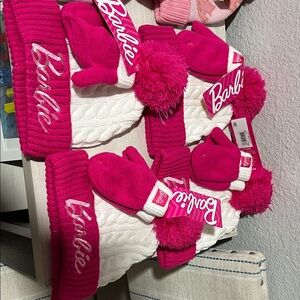 Barbie Fuchsia and White Kids Hat and Mittens Set